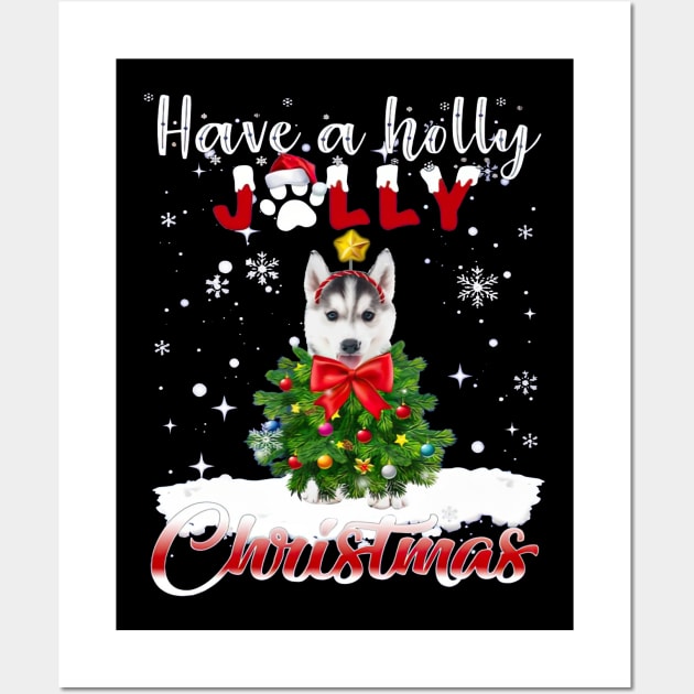 Have A Holly Jolly Christmas Husky Dog Xmas Tree Wall Art by nakaahikithuy